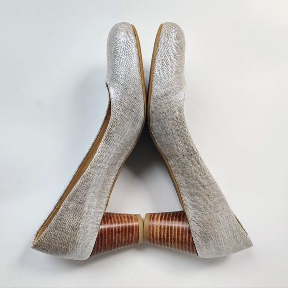 STUART WEITZMAN Coated Linen Pumps 10M Round Stacked Wooden Heel 2.5" Women's - Picture 6 of 14